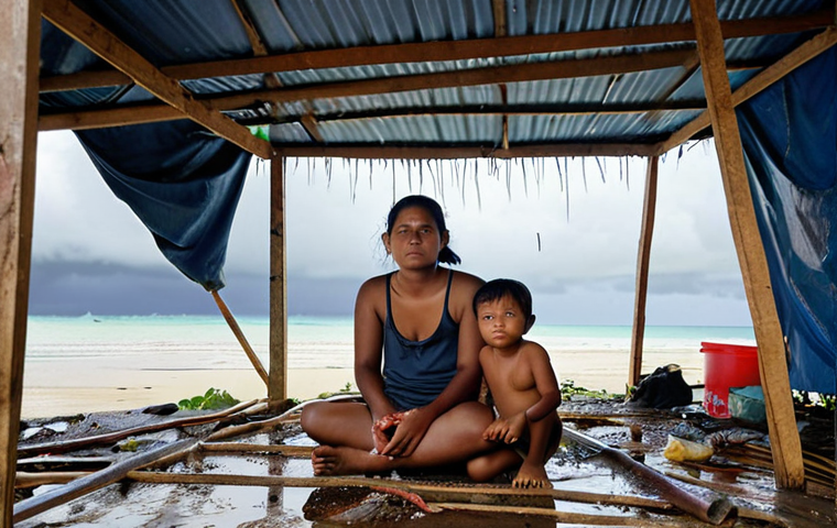 **Image Prompt:** A poignant photograph of Lani, a young Marshallese woman, sitting with her two children inside a makeshift shelter constructed from salvaged materials. Rain is leaking through the roof, highlighting the precariousness of their living situation. The background shows a blurred view of other similar shelters and signs of coastal erosion. Capture the vulnerability and resilience in their faces.