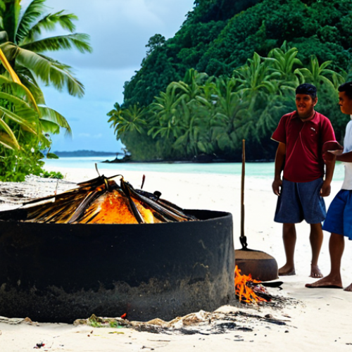 Home 22 A group of adult Marshallese people, fully clothed in modest traditional island attire, gathered around an active 'umu' (earth oven) on a sandy beach. Banana leaves wrapped breadfruit peeking from the steaming pit, with smoke gently rising. In the background, lush tropical vegetation and clear blue ocean. The scene depicts a communal cooking event, embodying a warm and family-friendly atmosphere. Professional photography, natural lighting, perfect anatomy, correct proportions, well-formed hands, proper finger count, natural body proportions, appropriate content, safe for work, fully clothed, modest attire.