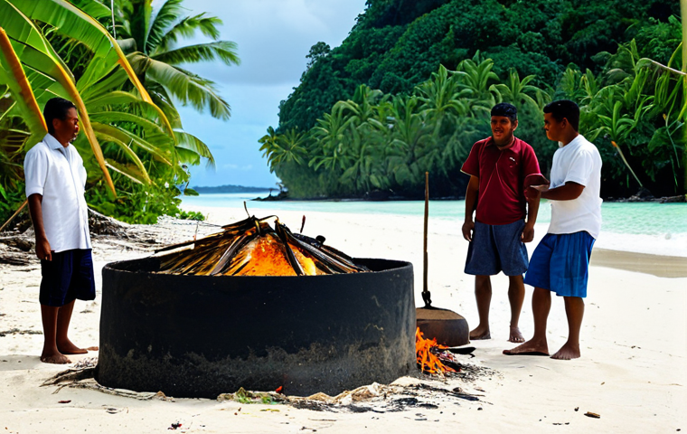 A group of adult Marshallese people, fully clothed in modest traditional island attire, gathered around an active 'umu' (earth oven) on a sandy beach. Banana leaves wrapped breadfruit peeking from the steaming pit, with smoke gently rising. In the background, lush tropical vegetation and clear blue ocean. The scene depicts a communal cooking event, embodying a warm and family-friendly atmosphere. Professional photography, natural lighting, perfect anatomy, correct proportions, well-formed hands, proper finger count, natural body proportions, appropriate content, safe for work, fully clothed, modest attire.