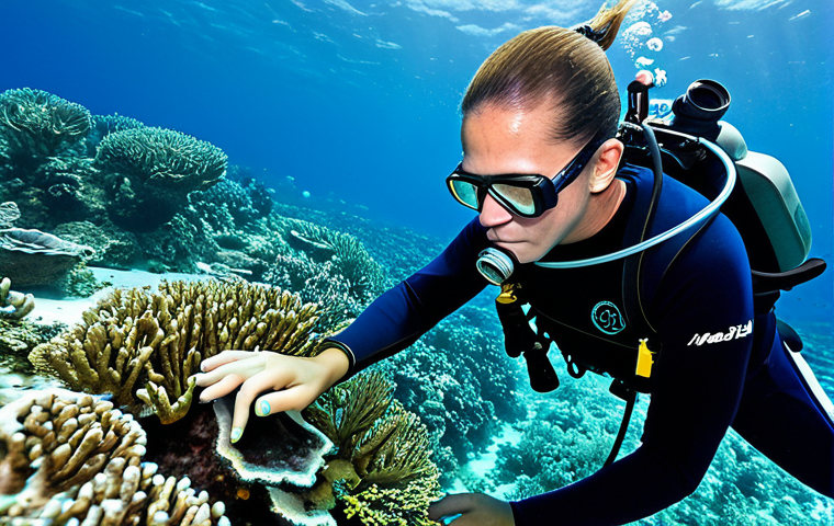 Coral Reef Research**
"A marine biologist, fully clothed in professional diving gear, examining a vibrant coral reef in the Marshall Islands. Clear turquoise water, diverse fish species, scientific equipment visible. Safe for work, appropriate content, professional, perfect anatomy, well-formed hands, natural pose, underwater photography, high quality, modest clothing, family-friendly."
**