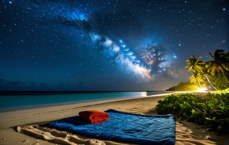 **
"A tranquil, fully clothed scene of Laura Beach at night on Majuro, Marshall Islands. A modest blanket is spread on the sand, with a thermos of tea nearby. The Milky Way is vividly displayed in the sky above, with faint village lights in the distance. Safe for work, appropriate content, perfect anatomy, natural proportions, professional, family-friendly, high-quality astrophotography."
**