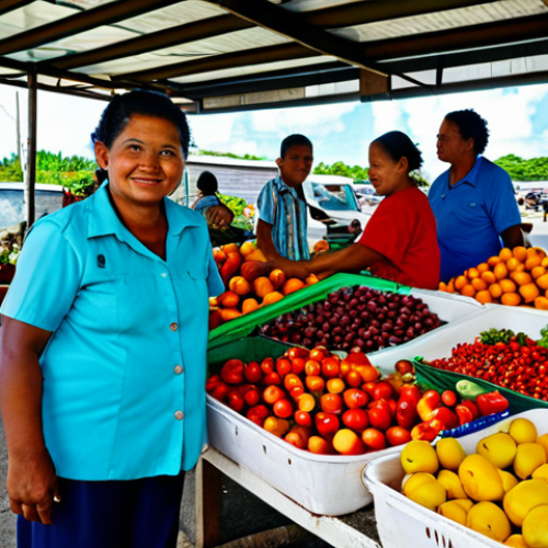 Home 19 Majuro Market Scene**
"A vibrant marketplace in Majuro, Marshall Islands, filled with locals selling fresh fruits, vegetables, and handcrafted goods. Focus on the colorful fabrics of the clothing and the bustling activity. Everyone is fully clothed in appropriate attire. Bright daylight, safe for work, family-friendly, professional photography, perfect anatomy, natural proportions, high quality."
**