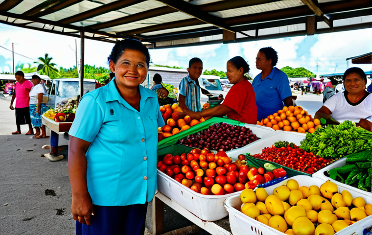 Majuro Market Scene**
"A vibrant marketplace in Majuro, Marshall Islands, filled with locals selling fresh fruits, vegetables, and handcrafted goods. Focus on the colorful fabrics of the clothing and the bustling activity. Everyone is fully clothed in appropriate attire. Bright daylight, safe for work, family-friendly, professional photography, perfect anatomy, natural proportions, high quality."
**