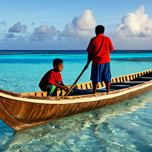 Home 6 마셜 제도에서의 원주민 공동체 생활 - Traditional Fishing**
"A Marshallese family fishing from a traditional outrigger canoe at sunrise, ...
