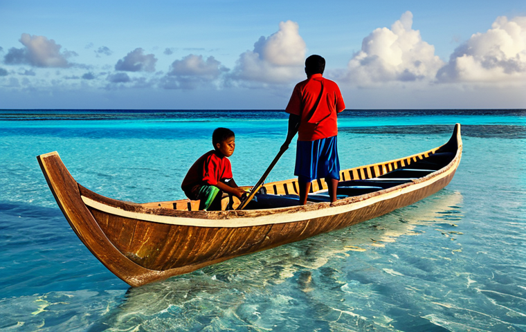 마셜 제도에서의 원주민 공동체 생활 - Traditional Fishing**
"A Marshallese family fishing from a traditional outrigger canoe at sunrise, ...