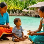 Home 11 마셜 제도 부족 사회 구조 - **Prompt: Marshallese Women and Children in a Traditional Setting.**
A serene and warm-toned ima...