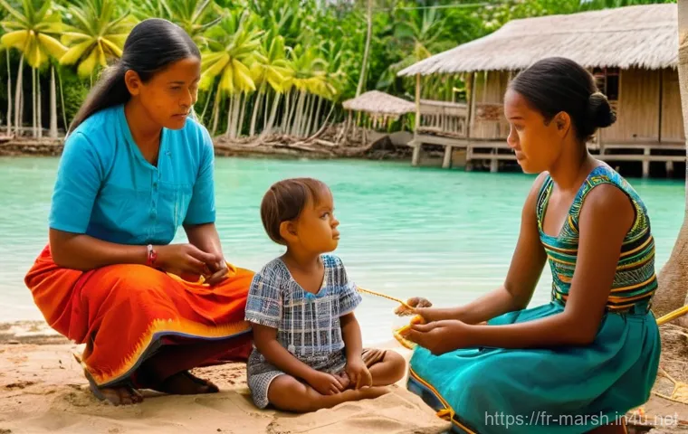 마셜 제도 부족 사회 구조 - **Prompt: Marshallese Women and Children in a Traditional Setting.**
A serene and warm-toned ima...