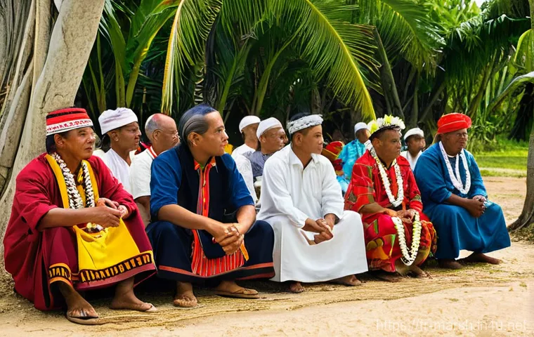 마셜 제도 부족 사회 구조 - **Prompt: Marshallese Women and Children in a Traditional Setting.**
    A serene and warm-toned ima...