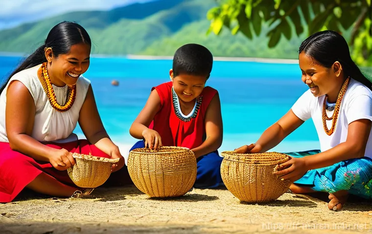 마셜 제도 부족 사회 구조 - **Prompt: Council of Marshallese Chiefs and Community.**
    An evocative scene showing a gathering ...
