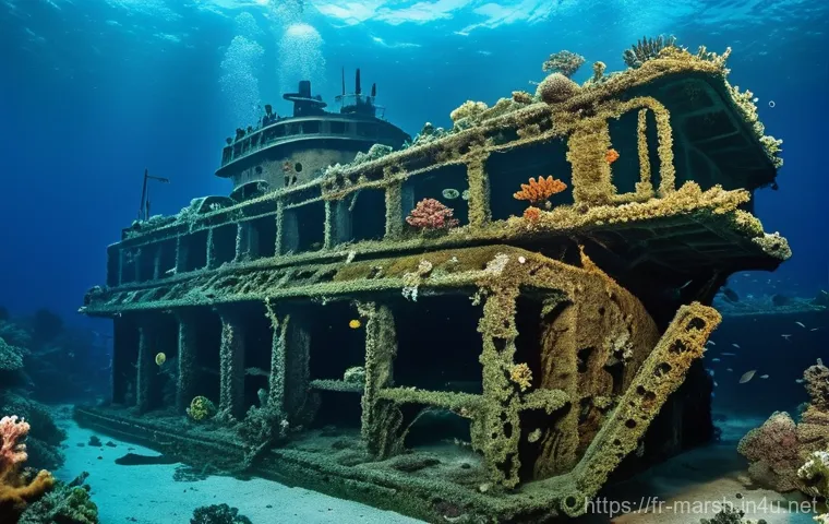 마셜 제도에서 발견된 해저 보물 및 난파선 - **"A vast underwater scene depicting the sunken USS Saratoga aircraft carrier in Bikini Atoll. The i...