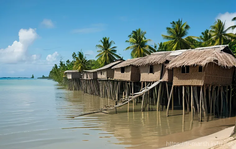 마셜 제도에서 유명한 사건 사고 - **Prompt: "A serene, tropical Marshall Islands atoll. In the mid-ground, a slightly weathered concre...