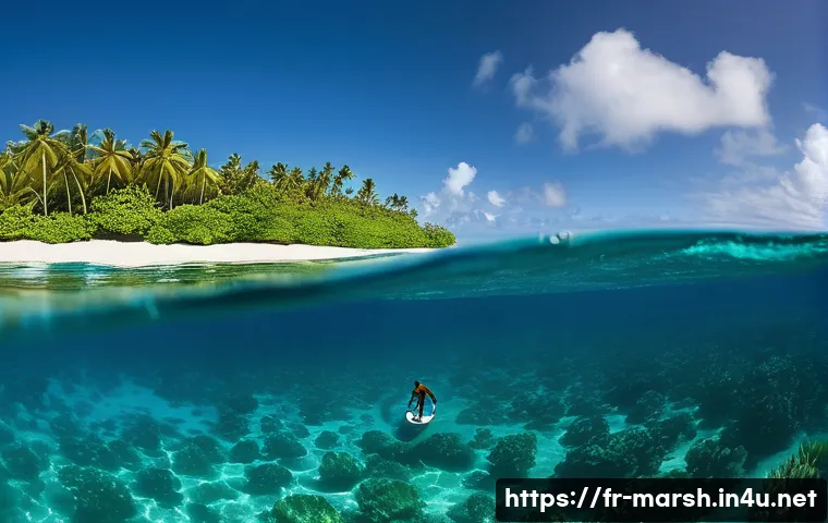 마셜 제도 서핑과 해양 스포츠 - **Image Prompt: Pristine Marshall Islands Surf Session**
    A lone surfer, wearing vibrant board sh...