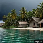 Home 22 마셜 제도 여행 중 긴급 상황 대처법 - A detailed scene of a tropical cyclone approaching a small island village in the Marshall Islands du...