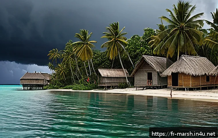 마셜 제도 여행 중 긴급 상황 대처법 - A detailed scene of a tropical cyclone approaching a small island village in the Marshall Islands du...