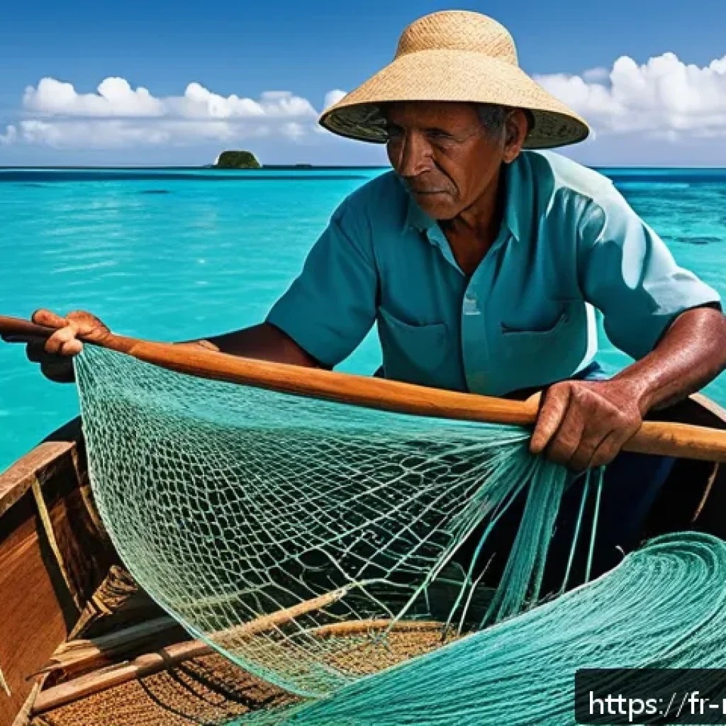마셜 제도에서의 낚시 문화 - A traditional Marshallese fisherman on a small wooden boat at sea, skillfully weaving hand-tied fish...