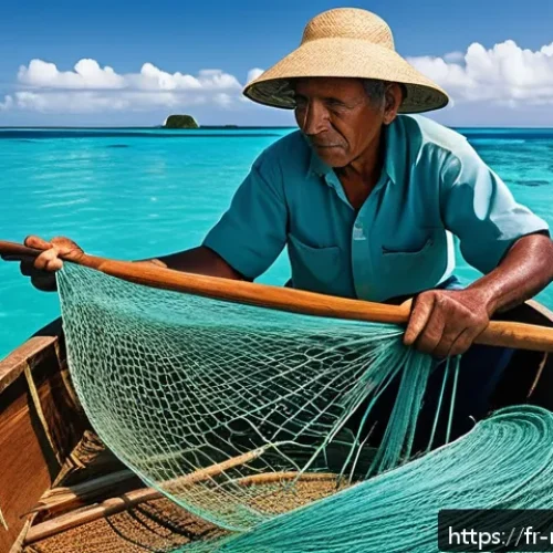 Home 32 마셜 제도에서의 낚시 문화 - A traditional Marshallese fisherman on a small wooden boat at sea, skillfully weaving hand-tied fish...