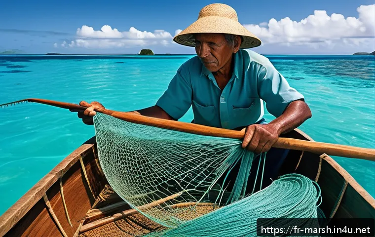마셜 제도에서의 낚시 문화 - A traditional Marshallese fisherman on a small wooden boat at sea, skillfully weaving hand-tied fish...