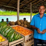 Home 19 마셜 제도 로컬 시장 먹거리 - A vibrant local market stall in the Marshall Islands showcasing an abundant variety of fresh tropica...