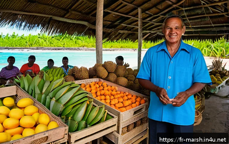 마셜 제도 로컬 시장 먹거리 - A vibrant local market stall in the Marshall Islands showcasing an abundant variety of fresh tropica...