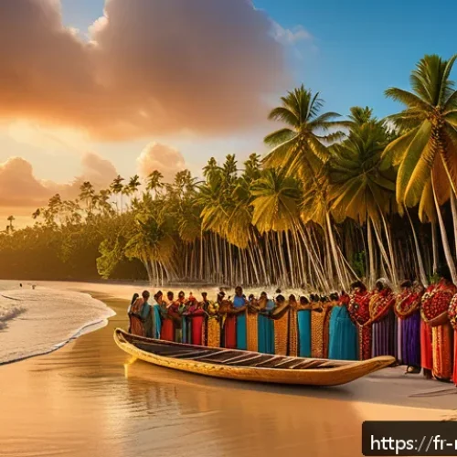 Home 30 마셜 제도 역사 개요 - A vibrant traditional Marshallese ceremony on a tropical beach at sunset, featuring a diverse group ...