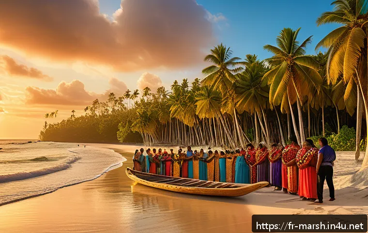 마셜 제도 역사 개요 - A vibrant traditional Marshallese ceremony on a tropical beach at sunset, featuring a diverse group ...