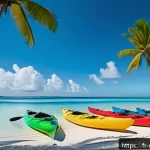 Home 23 마셜 제도에서의 수상 스포츠 장비 대여 - A serene tropical lagoon scene in the Marshall Islands featuring a family-friendly kayak rental cent...
