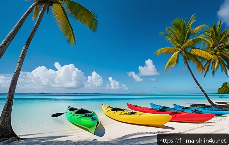 마셜 제도에서의 수상 스포츠 장비 대여 - A serene tropical lagoon scene in the Marshall Islands featuring a family-friendly kayak rental cent...