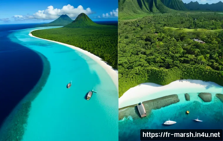 마셜 제도와 미크로네시아 다른 지역과 비교 - Photorealistic split-scene comparison of the Marshall Islands and another Micronesian island region:...